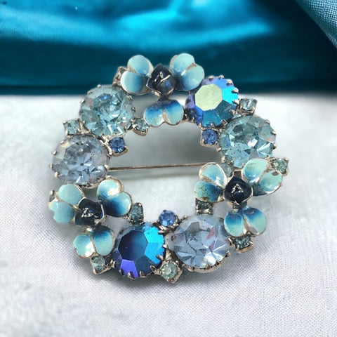 Vintage Karu Arke Blue Rhinestones & Silver Tone Round Floral Wreath Brooch