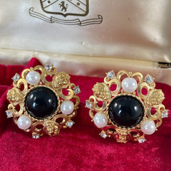 Vintage Landau Black Cabochon Faux Pearls & Rhinestones Lion Clip-on Earrings