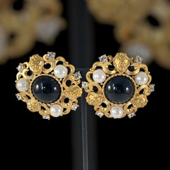 Vintage Landau Black Cabochon Faux Pearls & Rhinestones Lion Clip-on Earrings