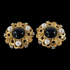 Vintage Landau Black Cabochon Faux Pearls & Rhinestones Lion Clip-on Earrings