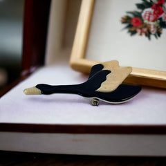 Vintage Lea Stein Flying Goose Brooch - Black & Cream