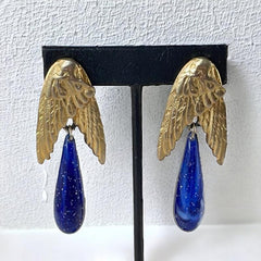 Vintage Les Bernard Angel Wings Blue Faux Lapis Drop Clip-on Earrings