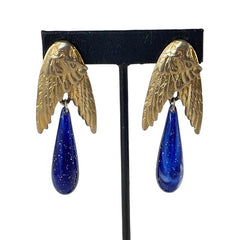 Vintage Les Bernard Angel Wings Blue Faux Lapis Drop Clip-on Earrings