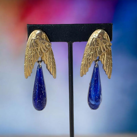 Vintage Les Bernard Angel Wings Blue Faux Lapis Drop Clip-on Earrings