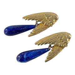 Vintage Les Bernard Angel Wings Blue Faux Lapis Drop Clip-on Earrings