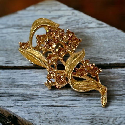 Vintage Light Topaz Rhinestone Gold Tone Floral Brooch