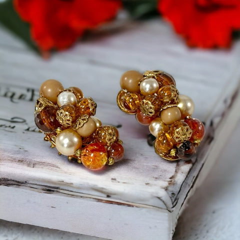 Vintage Fall Colors Filigree Cluster Clip-On Earrings