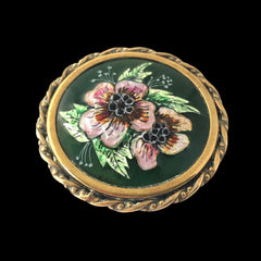 Vintage Limoges Enamel and Brass Signed J. Pineau Round Brooch