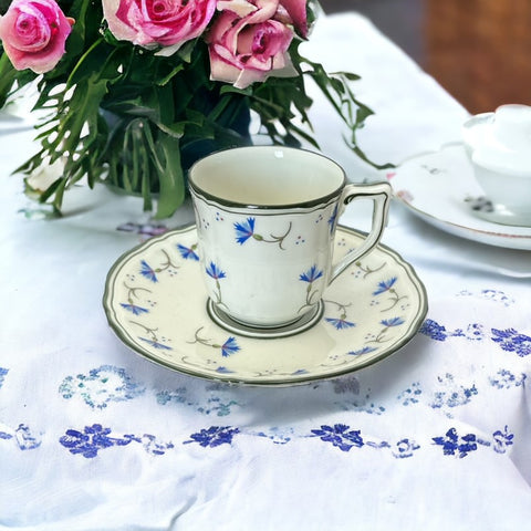 Vintage Limoges Raynaud Ceralene Porcelain Cornflower Demi-Tasse Espresso Cup and Saucer Set | Decorative French Porcelain Coffee Set