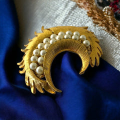 Vintage Faux Pearls Moon Crescent Brooch