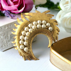 Vintage Faux Pearls Moon Crescent Brooch