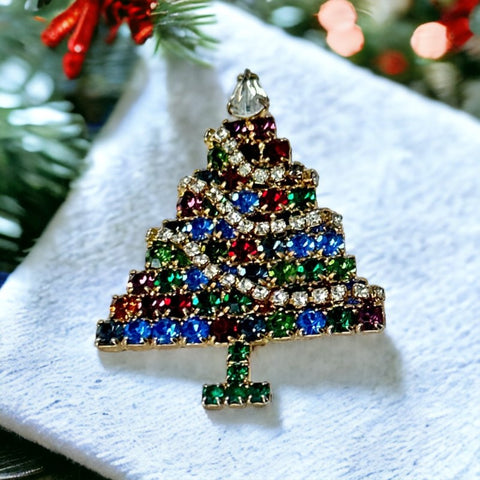 Vintage Multicolored Rhinestones & Garlands Christmas Tree Brooch