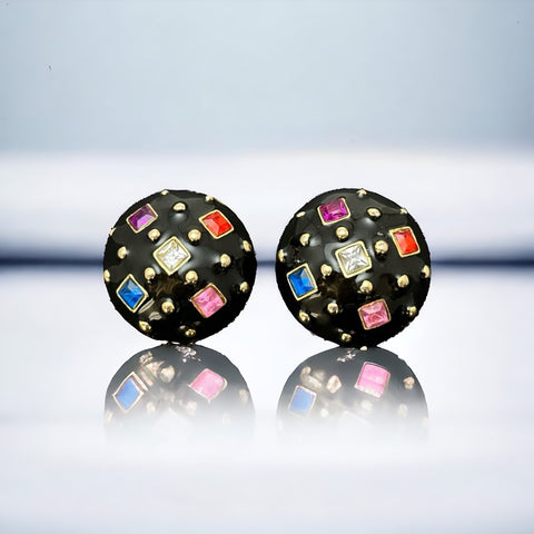 Vintage 1990s Black Enamel & Multicolor Rhinestones Clip-on Earrings