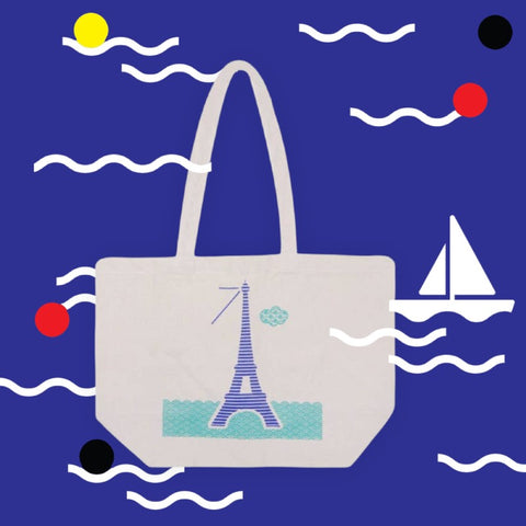 French Large Cotton Canvas Tote Bag - The Seine in Paris - Blue