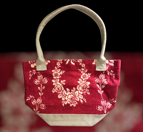 French Toile de Jouy Handbag - Floral Quail - Red & Beige