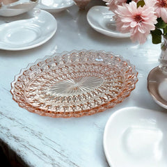 Vintage Jeanette Pink Depression Glass Holiday Buttons & Bows Oval Platter