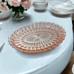 Vintage Jeanette Pink Depression Glass Holiday Buttons & Bows Oval Platter