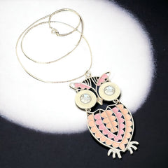 Vintage Pink &amp; White Enamel Silver Tone Articulated Owl Pendant Chain Necklace | Animal Jewelry | Owl Collector Gift Idea&nbsp;