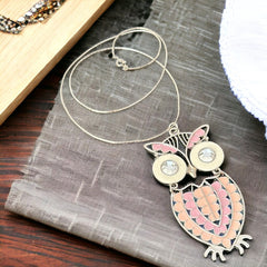 Vintage Pink &amp; White Enamel Silver Tone Articulated Owl Pendant Chain Necklace | Animal Jewelry | Owl Collector Gift Idea&nbsp;