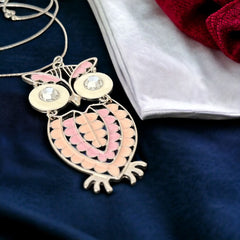 Vintage Pink &amp; White Enamel Silver Tone Articulated Owl Pendant Chain Necklace | Animal Jewelry | Owl Collector Gift Idea&nbsp;