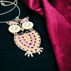 Vintage Pink &amp; White Enamel Silver Tone Articulated Owl Pendant Chain Necklace | Animal Jewelry | Owl Collector Gift Idea&nbsp;