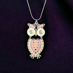 Vintage Pink &amp; White Enamel Silver Tone Articulated Owl Pendant Chain Necklace | Animal Jewelry | Owl Collector Gift Idea&nbsp;