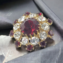 Vintage Red and Clear Rhinestones Gold Tone Brooch