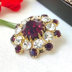 Vintage Red and Clear Rhinestones Gold Tone Brooch