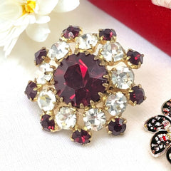 Vintage Red and Clear Rhinestones Gold Tone Brooch