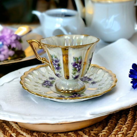 Vintage Royal Sealy Lusterware Tea Cup & Saucer Set with Periwinkle Flowers