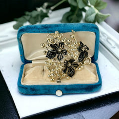 Vintage Sarah Coventry Black Enamel Flowers Grape Cluster Brooch Pendant