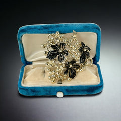 Vintage Sarah Coventry Black Enamel Flowers Grape Cluster Brooch Pendant