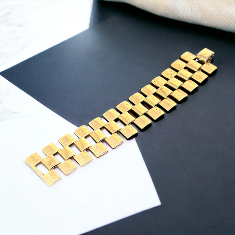 Vintage Sarah Coventry Brushed and Shiny Gold Tone Modernist Bracelet | 1960s Classic Geometric Design Jewelry | Mid-Century Modern Gift