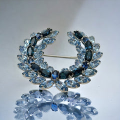 Vintage Sparkling Baby Blue & Dark Sapphire Rhinestone Laurel Wreath Brooch