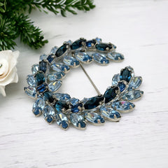 Vintage Sparkling Baby Blue & Dark Sapphire Rhinestone Laurel Wreath Brooch