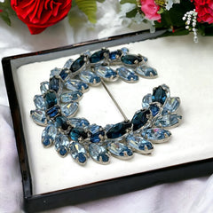 Vintage Sparkling Baby Blue & Dark Sapphire Rhinestone Laurel Wreath Brooch