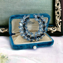 Vintage Sparkling Baby Blue & Dark Sapphire Rhinestone Laurel Wreath Brooch