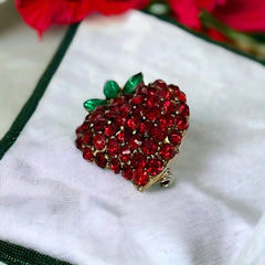 Vintage Red & Green Rhinestone Strawberry Brooch