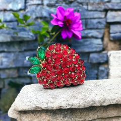 Vintage Red & Green Rhinestone Strawberry Brooch