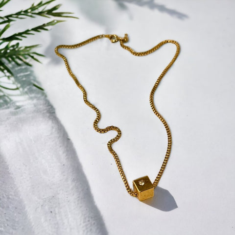 Vintage Trifari Minimalist Cube Slide Pendant Gold Tone Chain Necklace