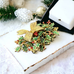 Vintage Weiss Holly and Bow Christmas Brooch | Red and Green Enamel Gold Tone Holiday Pin | Festive Holiday Jewelry