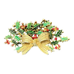 Vintage Weiss Holly and Bow Christmas Brooch | Red and Green Enamel Gold Tone Holiday Pin | Festive Holiday Jewelry