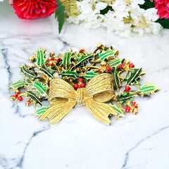 Vintage Weiss Holly and Bow Christmas Brooch | Red and Green Enamel Gold Tone Holiday Pin | Festive Holiday Jewelry