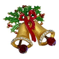 Vintage Weiss Bells and Holly Christmas Brooch | 1950s Enamel Rhinestones Gold Tone Holiday Pin | Holiday Gift Idea | Collectible Jewelry