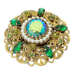 Vintage Western Germany AB Emerald Rhinestones Faux Pearls Gold Tone Filigree Brooch | Shades of Green Rhinestones Floral Brooch | Sustainable Gift Idea