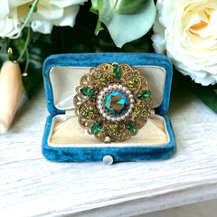 Vintage Western Germany AB Emerald Rhinestones Faux Pearls Gold Tone Filigree Brooch | Shades of Green Rhinestones Floral Brooch | Sustainable Gift Idea