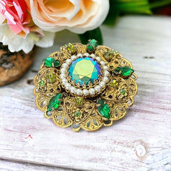 Vintage Western Germany AB Emerald Rhinestones Faux Pearls Gold Tone Filigree Brooch | Shades of Green Rhinestones Floral Brooch | Sustainable Gift Idea