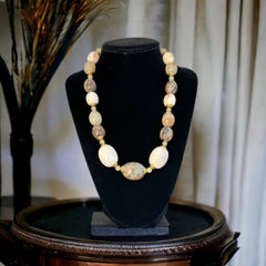 Vintage Western Germany Faux Agate Graduated Plastic Oval Beads Necklace | 1960s Cream and Beige Brown Beads Gold Tone Jewelry