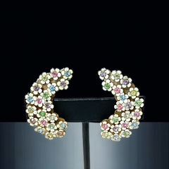 Vintage White Enamel Flowers Cluster and Pastel Rhinestones Earrings