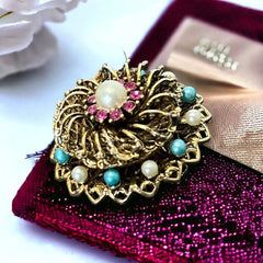 Vintage Fuchsia Rhinestones Faux Pearl Round Filigree Brooch | 1960s Turquoise and White Faux Pearl Jewelry | Gold Tone Filigree Brooch